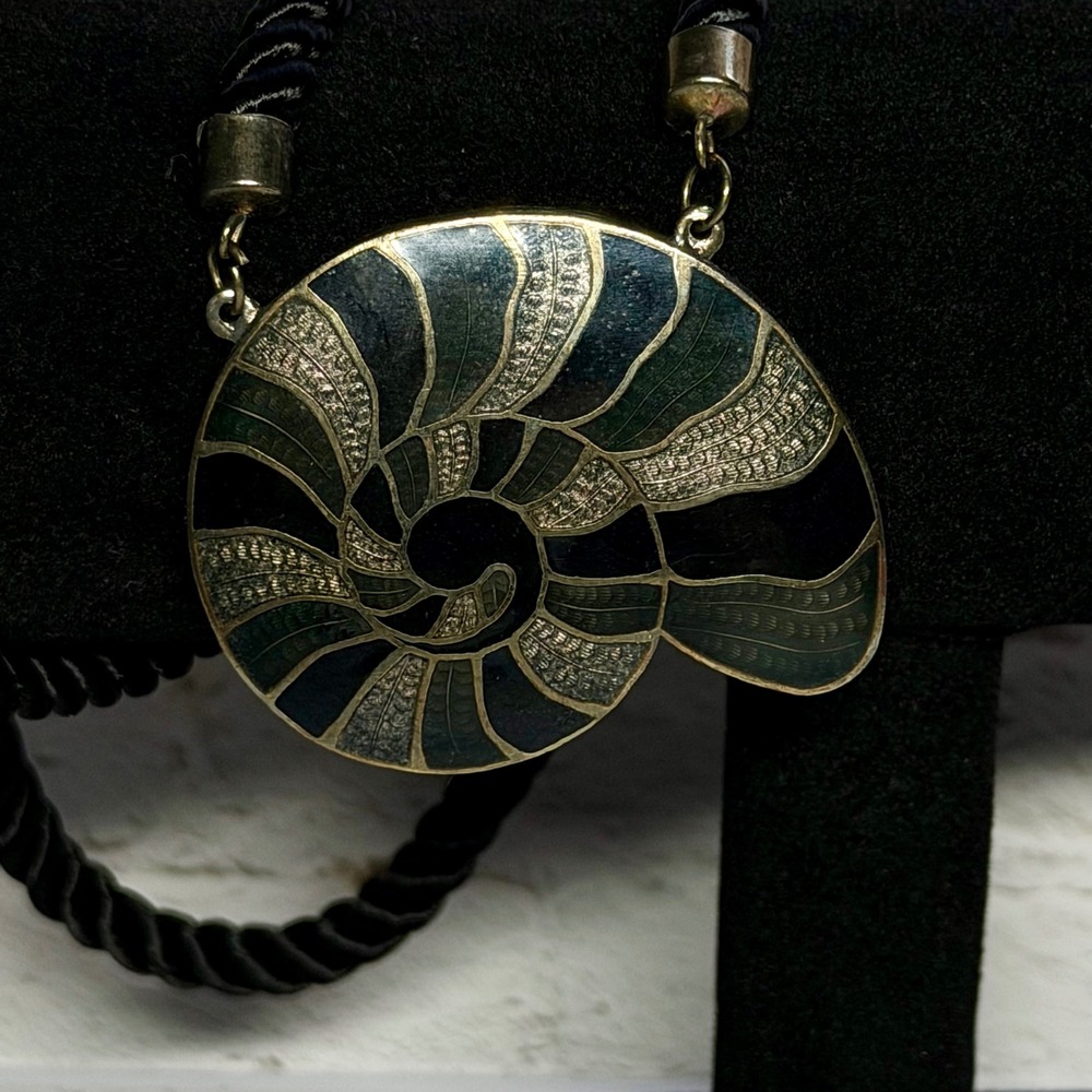 Black Enamel Nautilus Shell Pendant Necklace Silk Cord Statement Jewelry Vintage